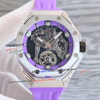 Super Clone Audemars Piguet Black Panther Flying Tourbillon Royal Oak Concept Silver Case Purple Strap 